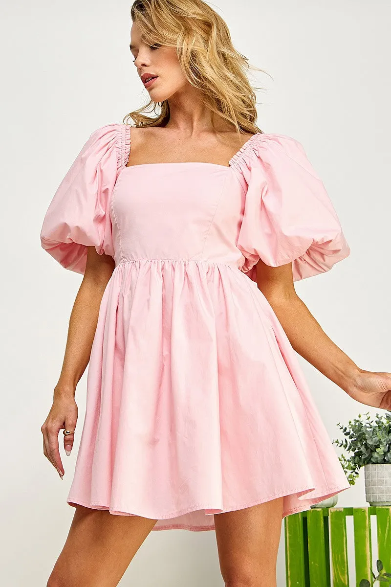 Light Pink Puffled Balloon Sleeve Tie Back Dress