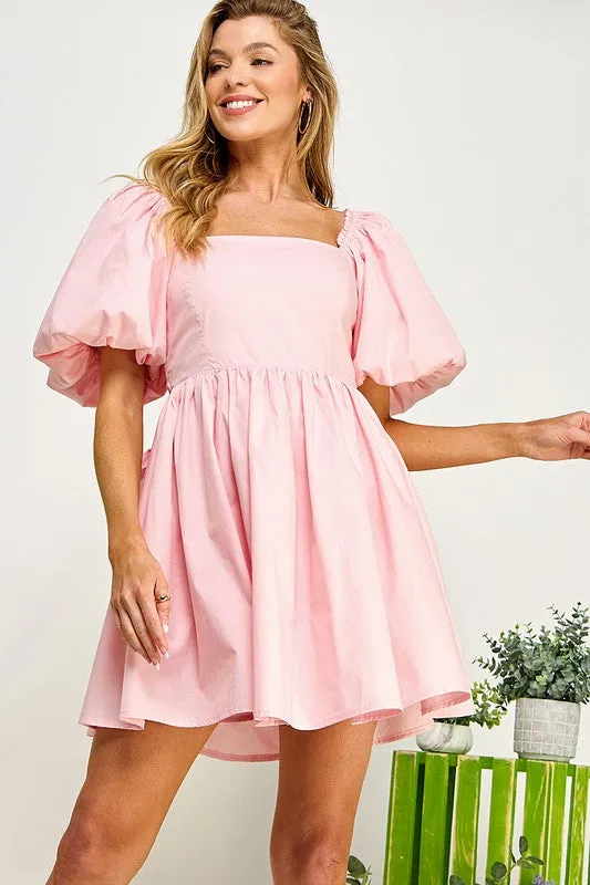 Light Pink Puffled Balloon Sleeve Tie Back Dress