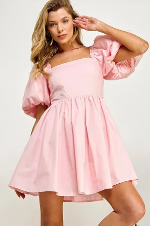 Light Pink Puffled Balloon Sleeve Tie Back Dress