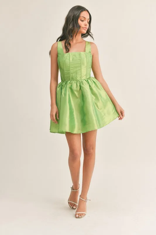 Lime Fit And Flare Mini Dress With Square Neckline