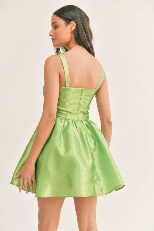 Lime Fit And Flare Mini Dress With Square Neckline