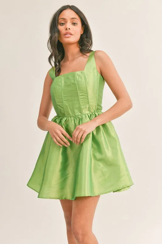 Lime Fit And Flare Mini Dress With Square Neckline