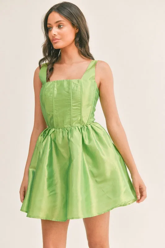 Lime Fit And Flare Mini Dress With Square Neckline