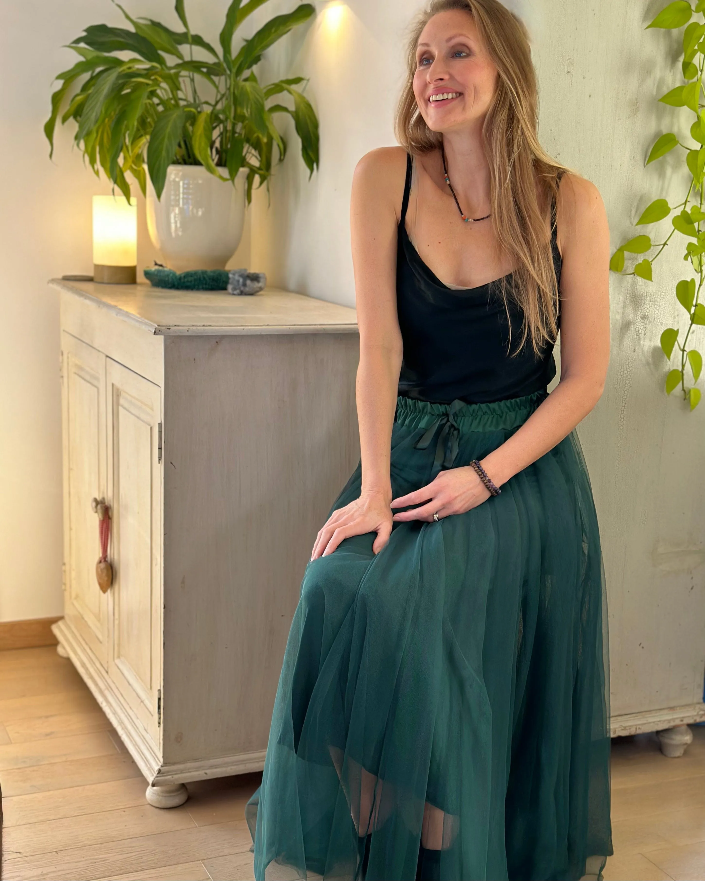 Long Pleated Tulle Skirt - Forest Green