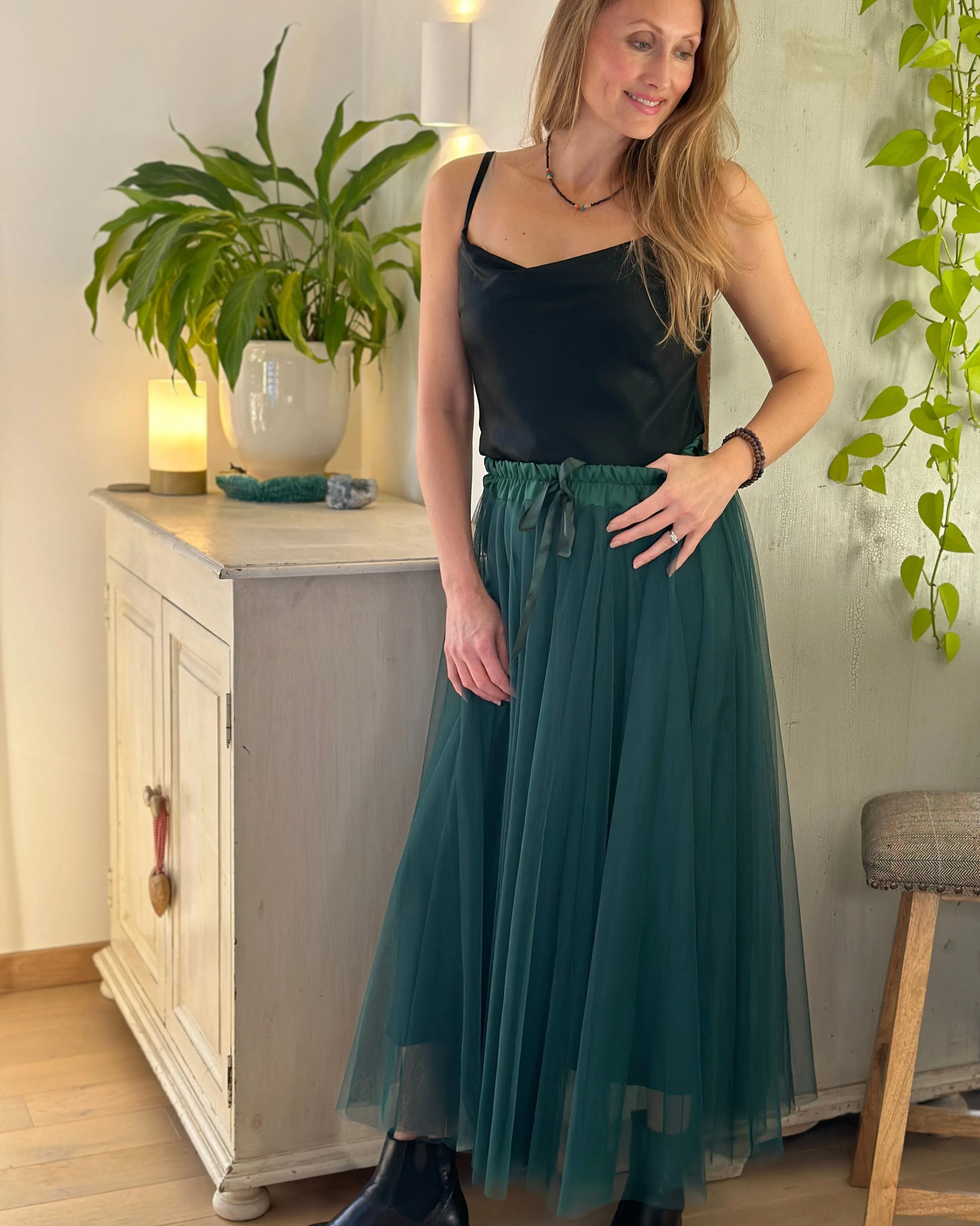 Long Pleated Tulle Skirt - Forest Green