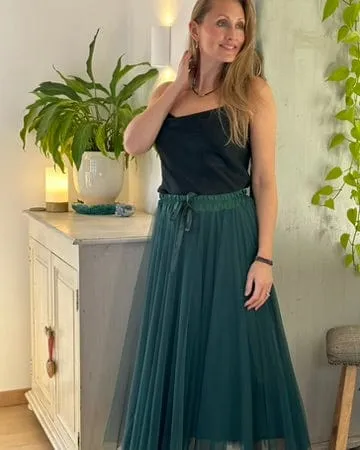 Long Pleated Tulle Skirt - Forest Green