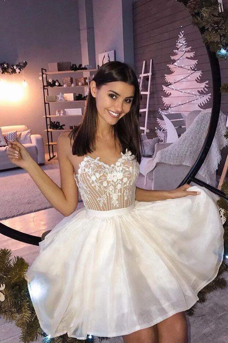 Lovely Ivory Lace Chiffon Homecoming Dresses, Beaded Homecoming Dresses, Short Prom Dresses UQH0049