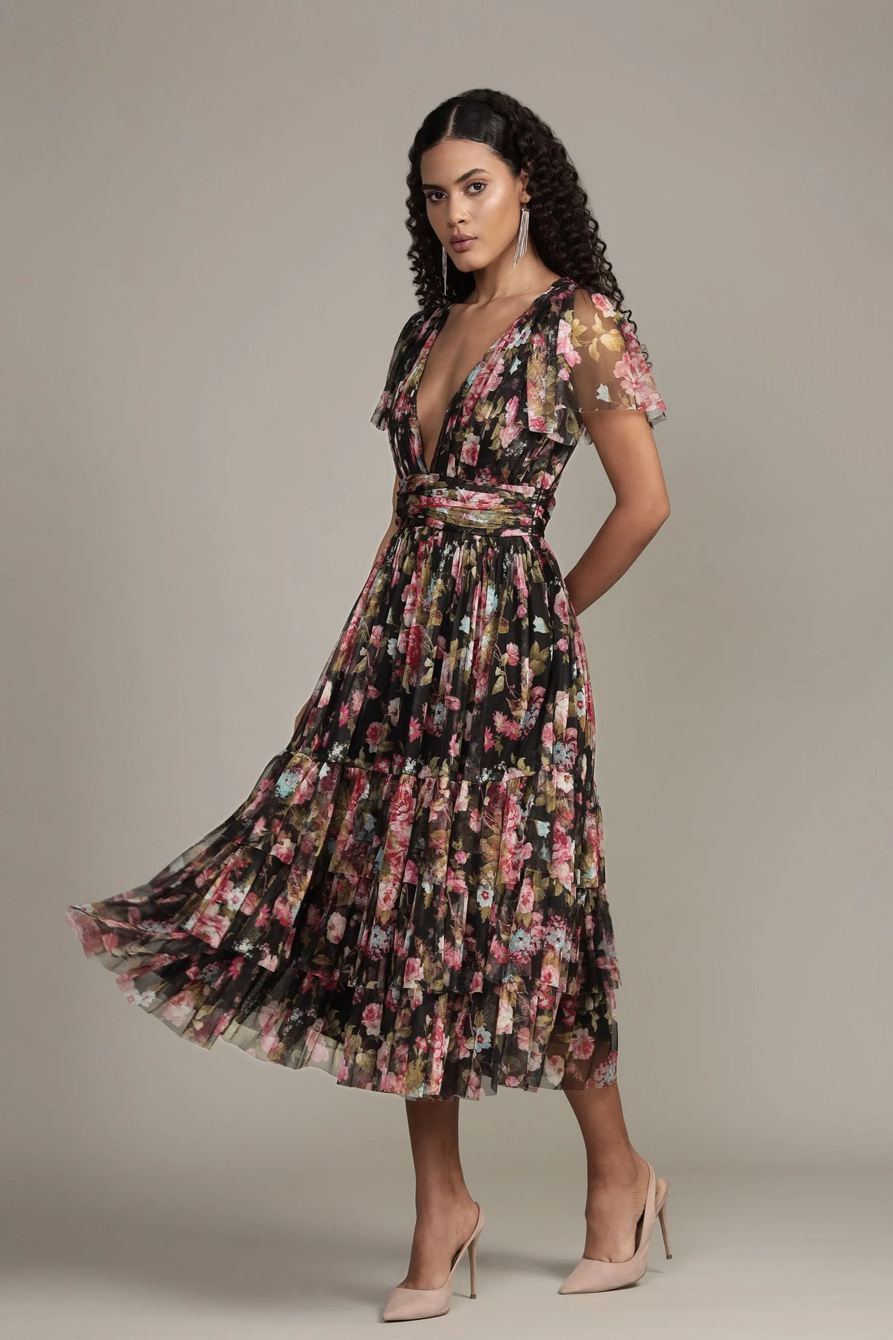 Madison Black Floral Tulle Midi Dress