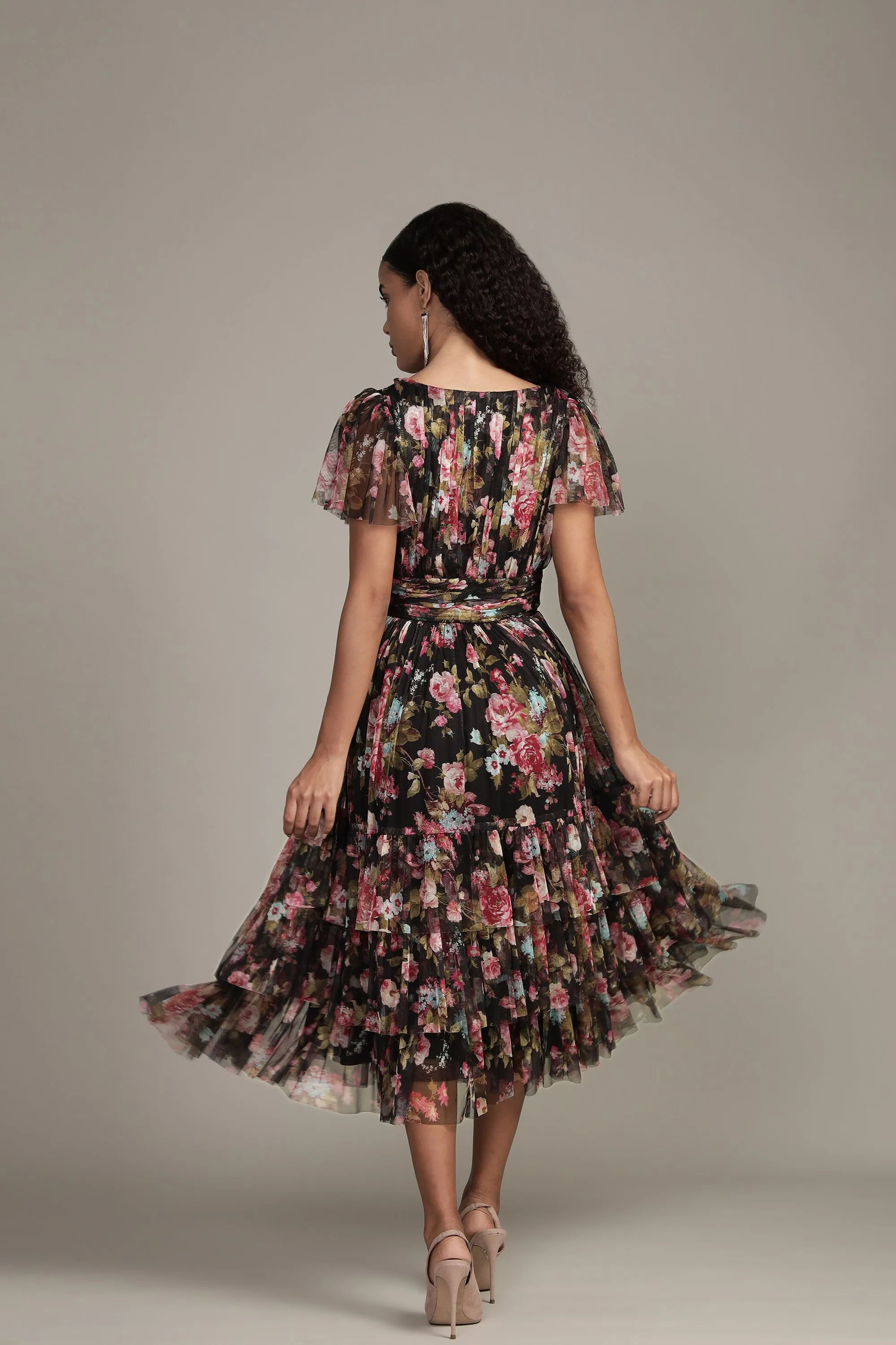 Madison Black Floral Tulle Midi Dress