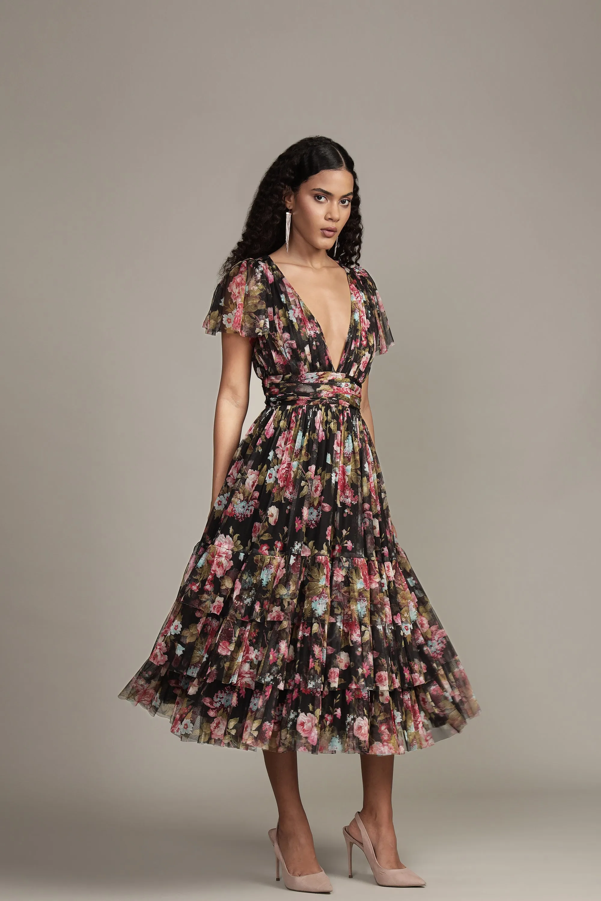 Madison Black Floral Tulle Midi Dress