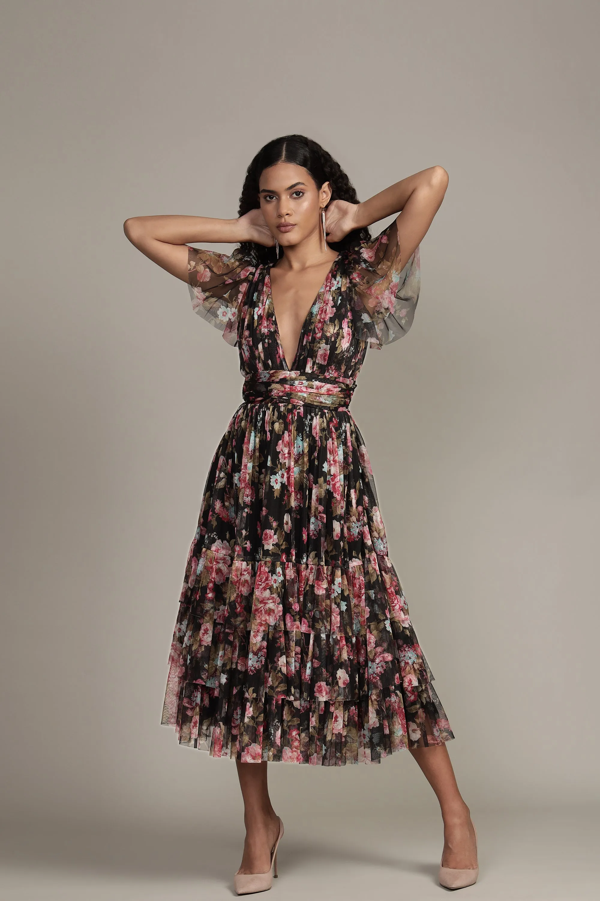 Madison Black Floral Tulle Midi Dress