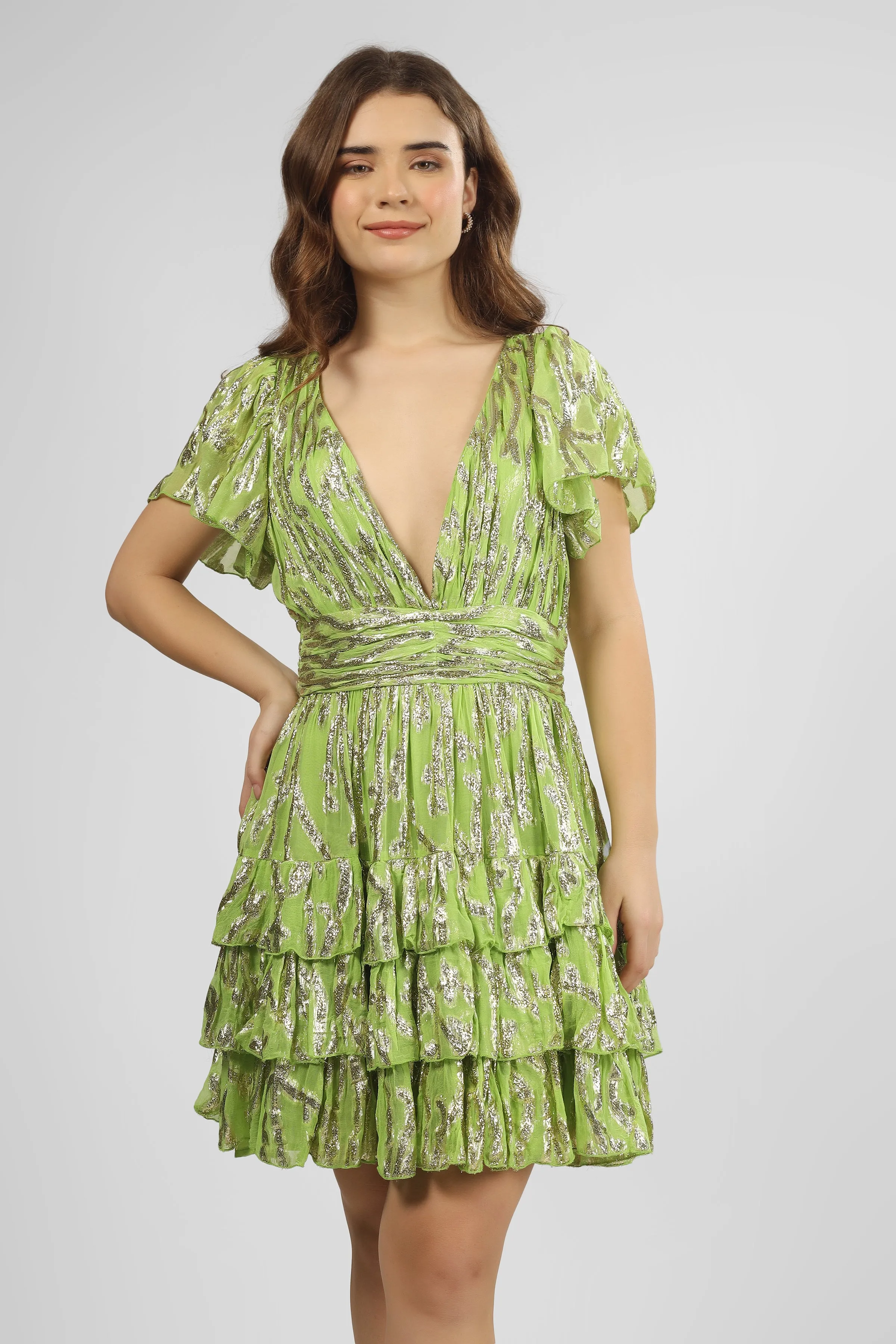 Madison Green Metallic Printed Mini Dress