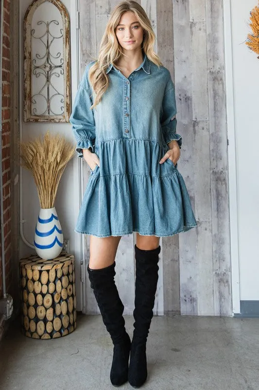 Med Washed Denim Shirt Mini Dress