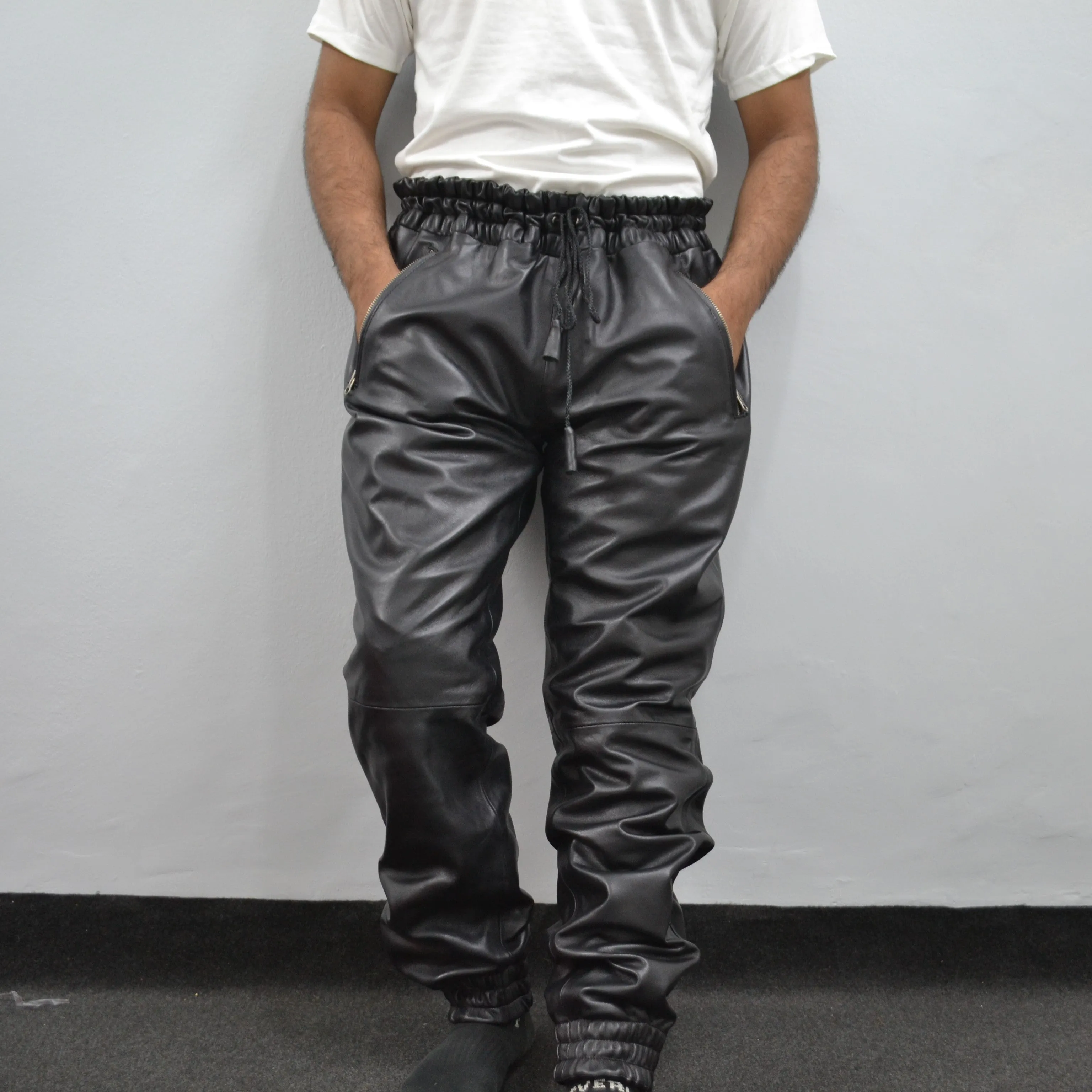 Men's Black Real Soft Genuine Leather Trousers Sweat Track Jogging Pant