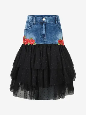 Monnalisa Denim & Tulle Rose Skirt