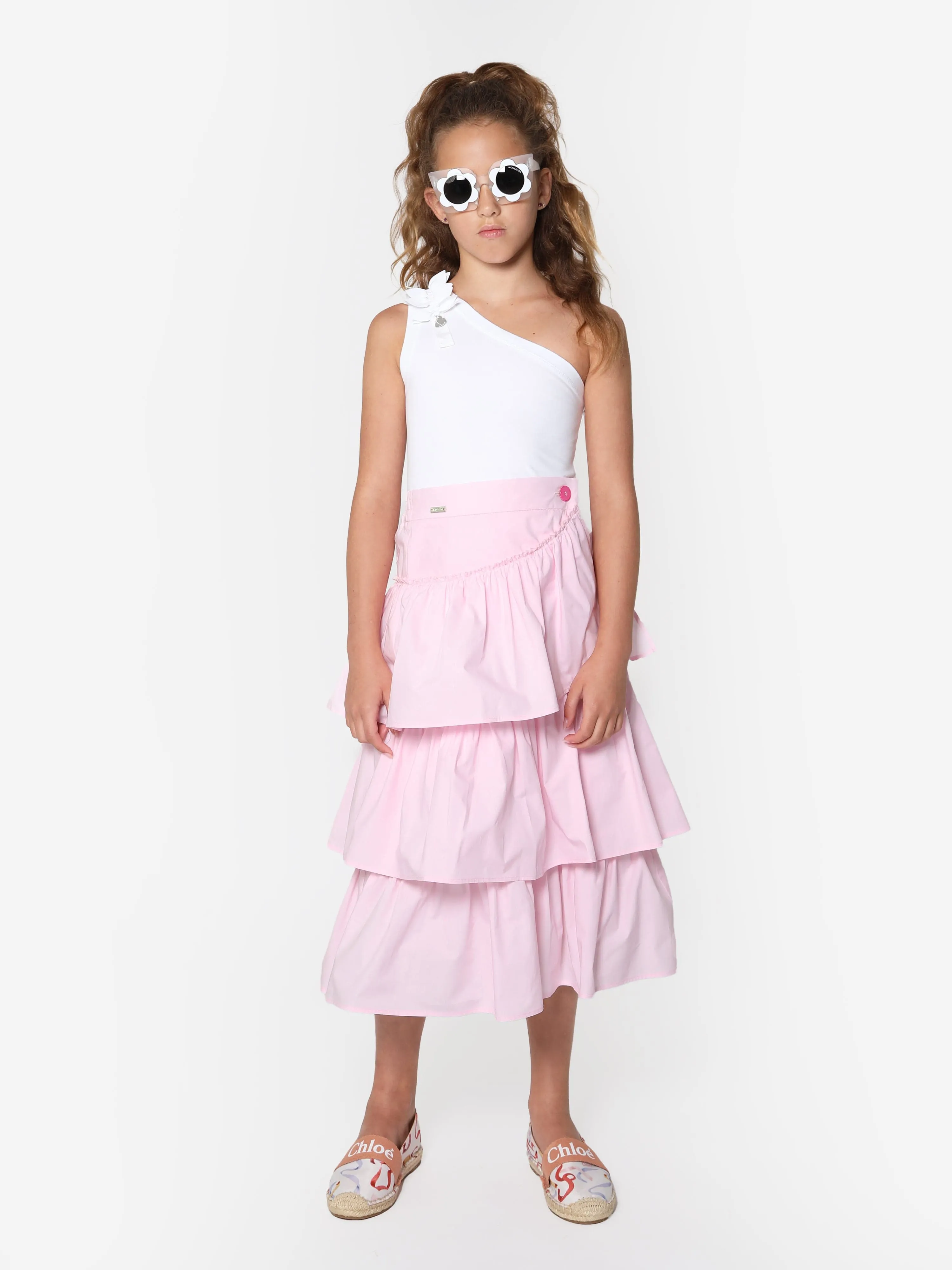 Monnalisa Girls Ruffled Long Skirt in Pink