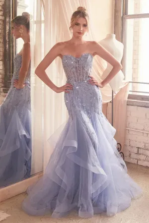 Paris Blue Tiered Mermaid Gown With Embellishments