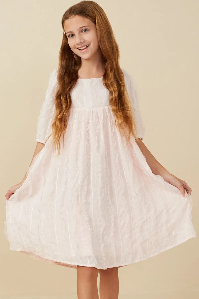 Pink Girls Ruffled Mesh Square Neck Dress