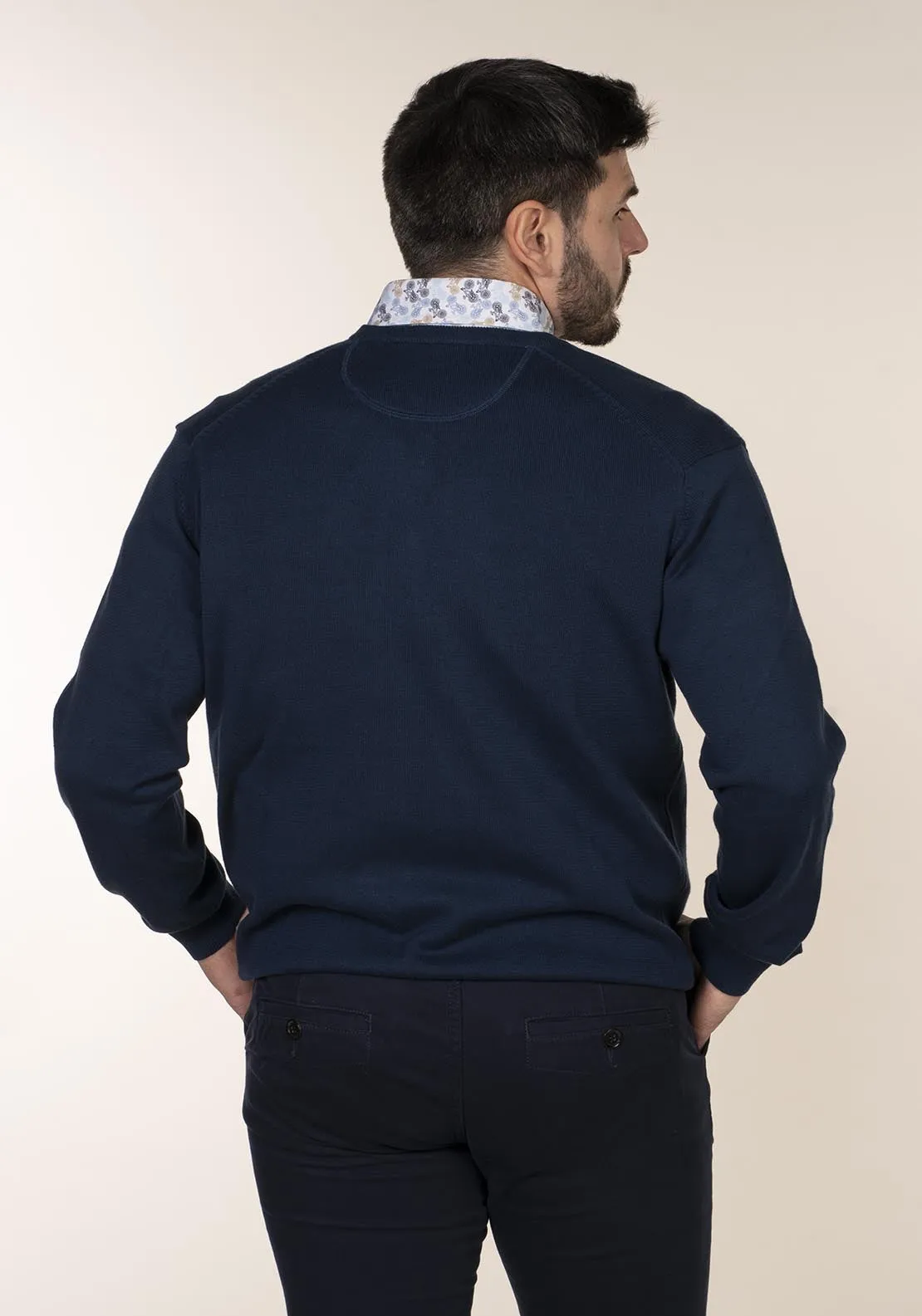 Plain Cotton V Neck Sweaters - Blue