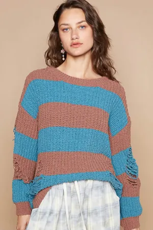 POL Striped Distressed Long Sleeve Sweater