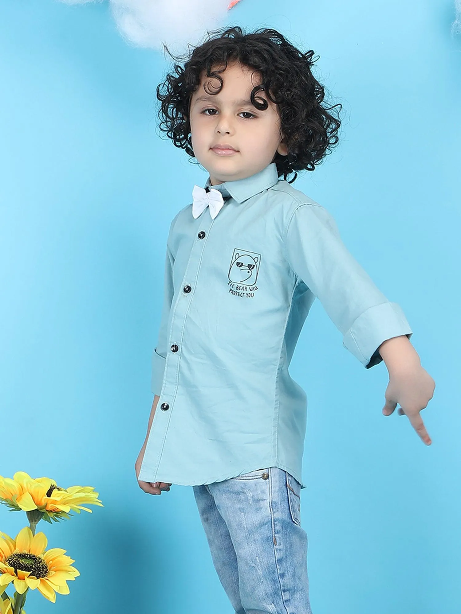 Polka Tots Full sleeve Ice Bear will Protect you print shirt with White Bow - Aqua Blue