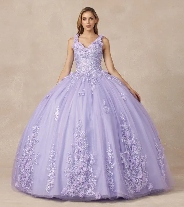 Purple Floral Applique Quinceanera Ball Gown With 3d Flow