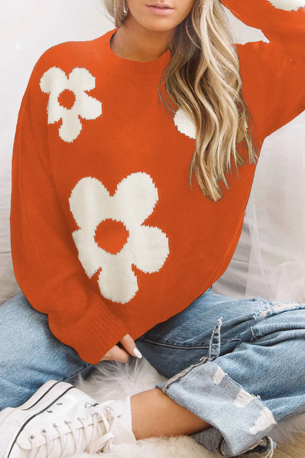 Round Neck Floral Pattern Long Sleeve Sweater