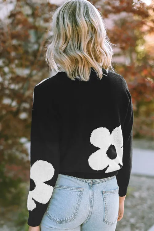 Round Neck Floral Pattern Long Sleeve Sweater