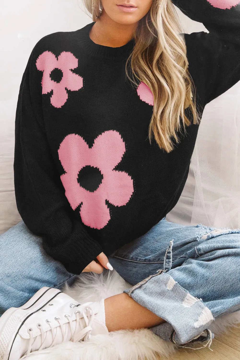 Round Neck Floral Pattern Long Sleeve Sweater