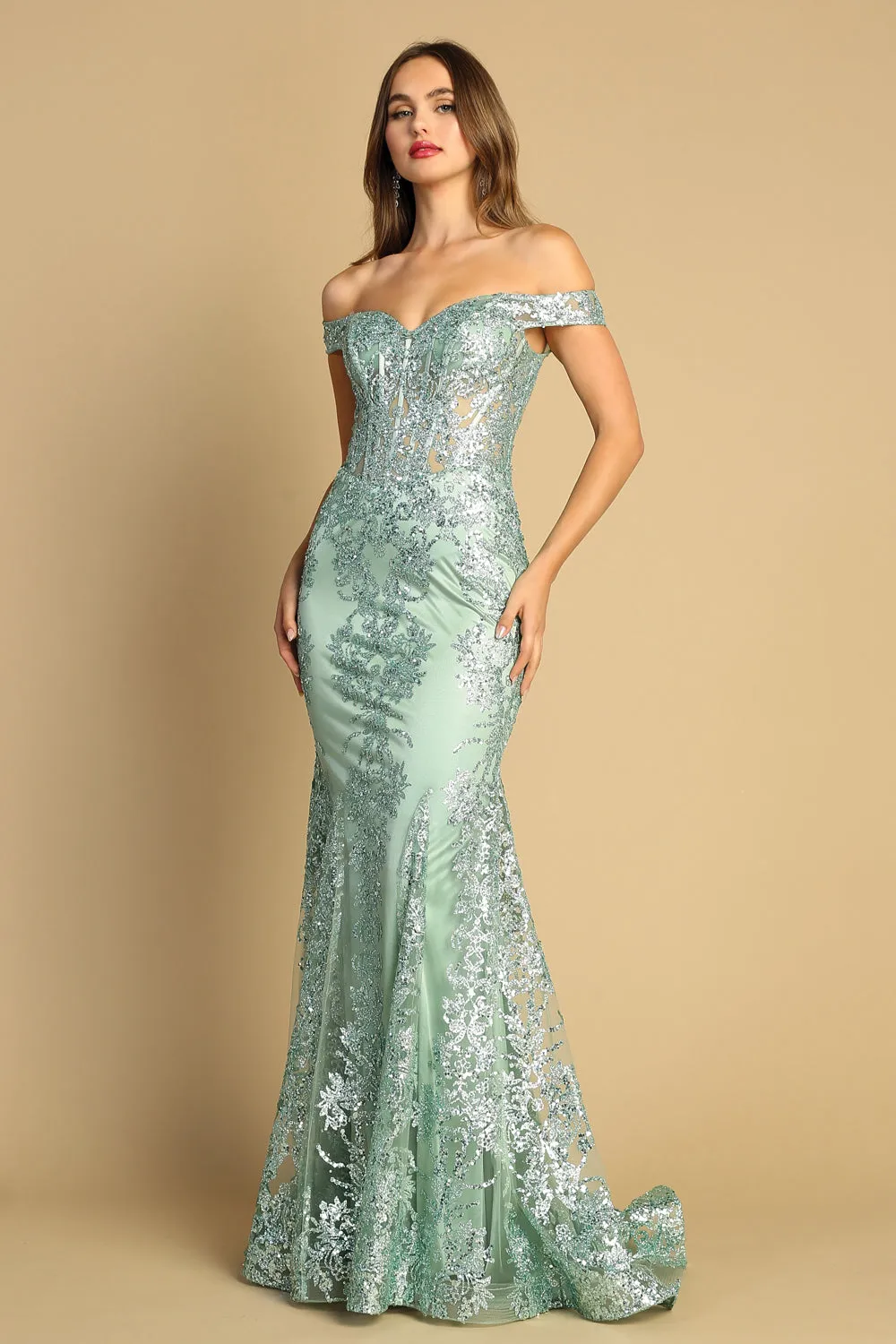 Sage Fitted Corset Long Formal Prom Dress