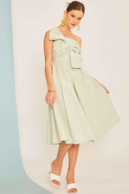 Sage Front Tie Knot Back Zipper Ruffle Solid Dress