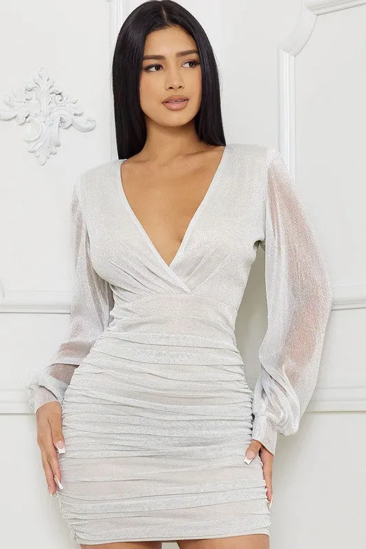 Silver Shimmer Mesh Shirring On The Side Mini Dress