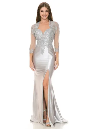 Silver Sweetheart Embroidered Formal Dress With Jacket