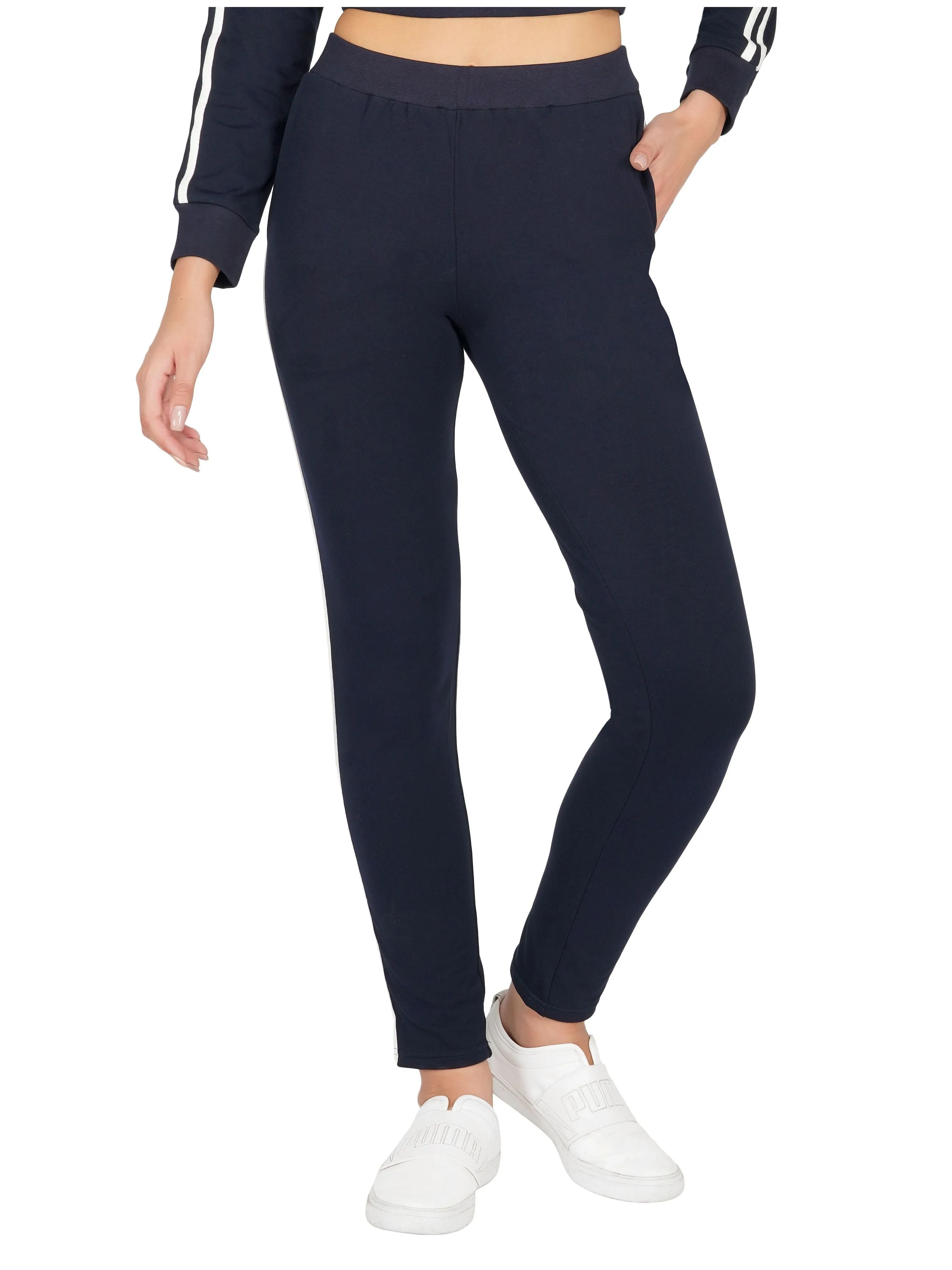 SLAY. Women's Navy Blue Jogger Pants With White Stripes