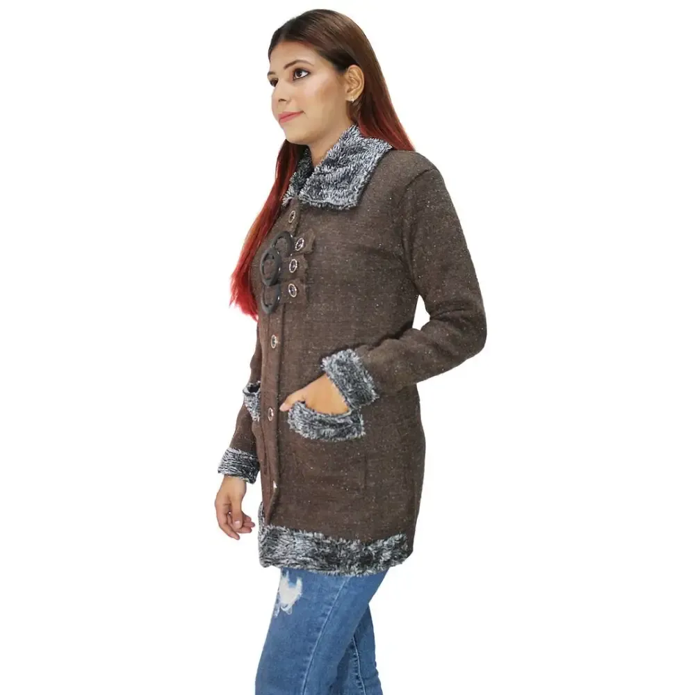 Stylish Brown Woolen Buttoned Cardigan For Women