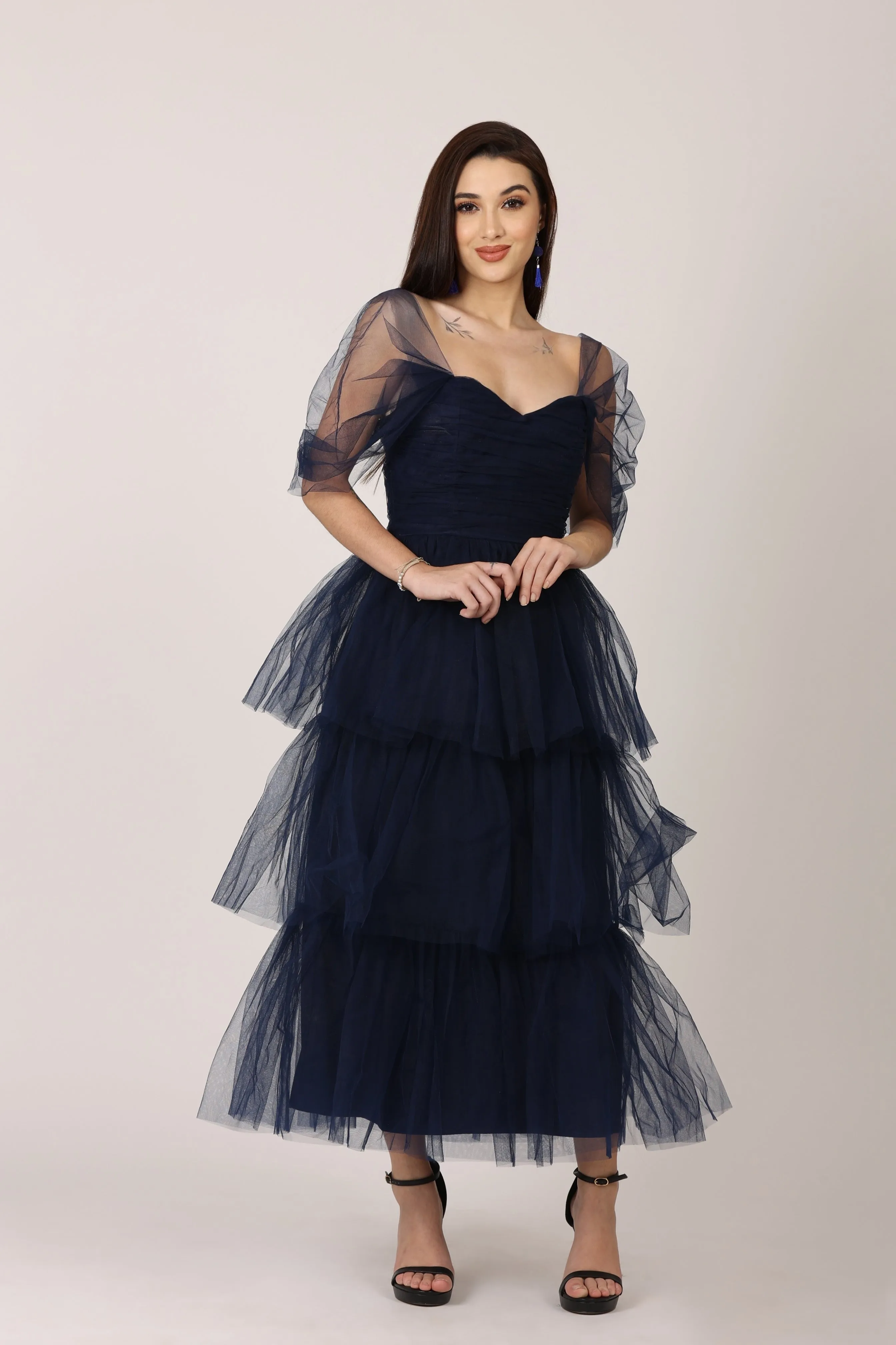 Sydney Tulle Midi Dress in Navy