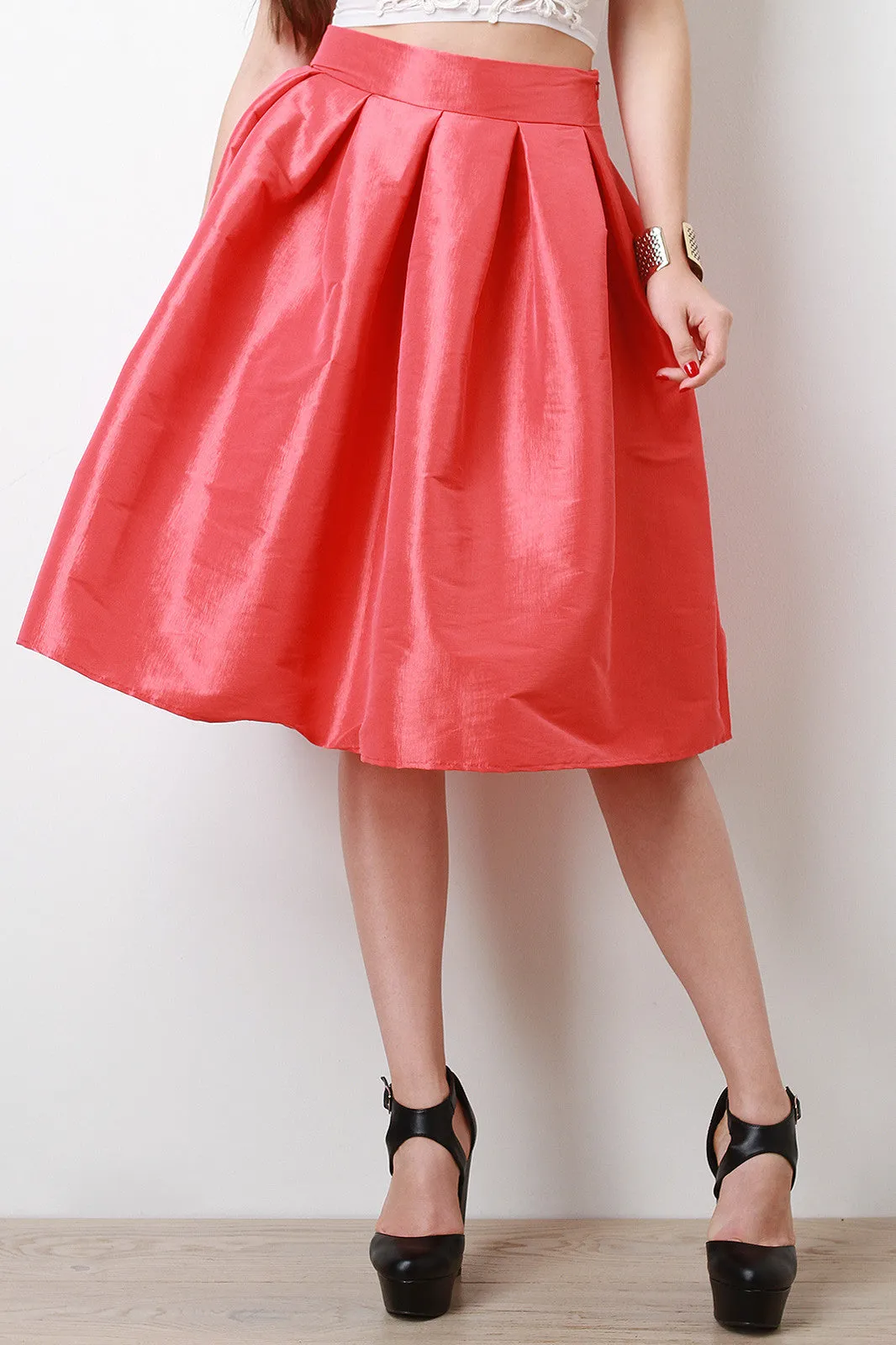 Taffeta Pleated Midi Skirt