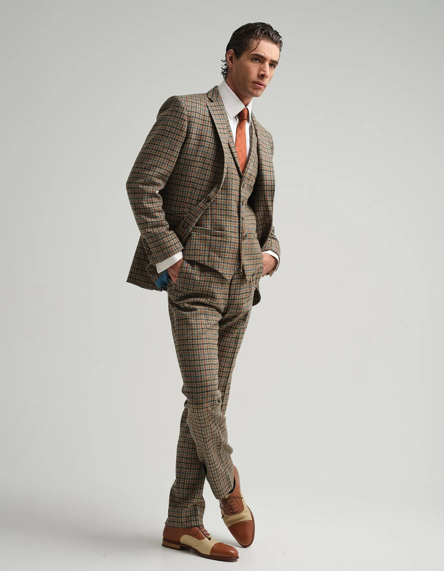 Tan & Blue Check Tweed Suit