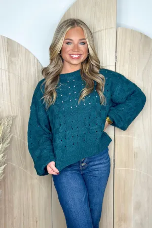 Teal Green Checkered Open Knit Sweater