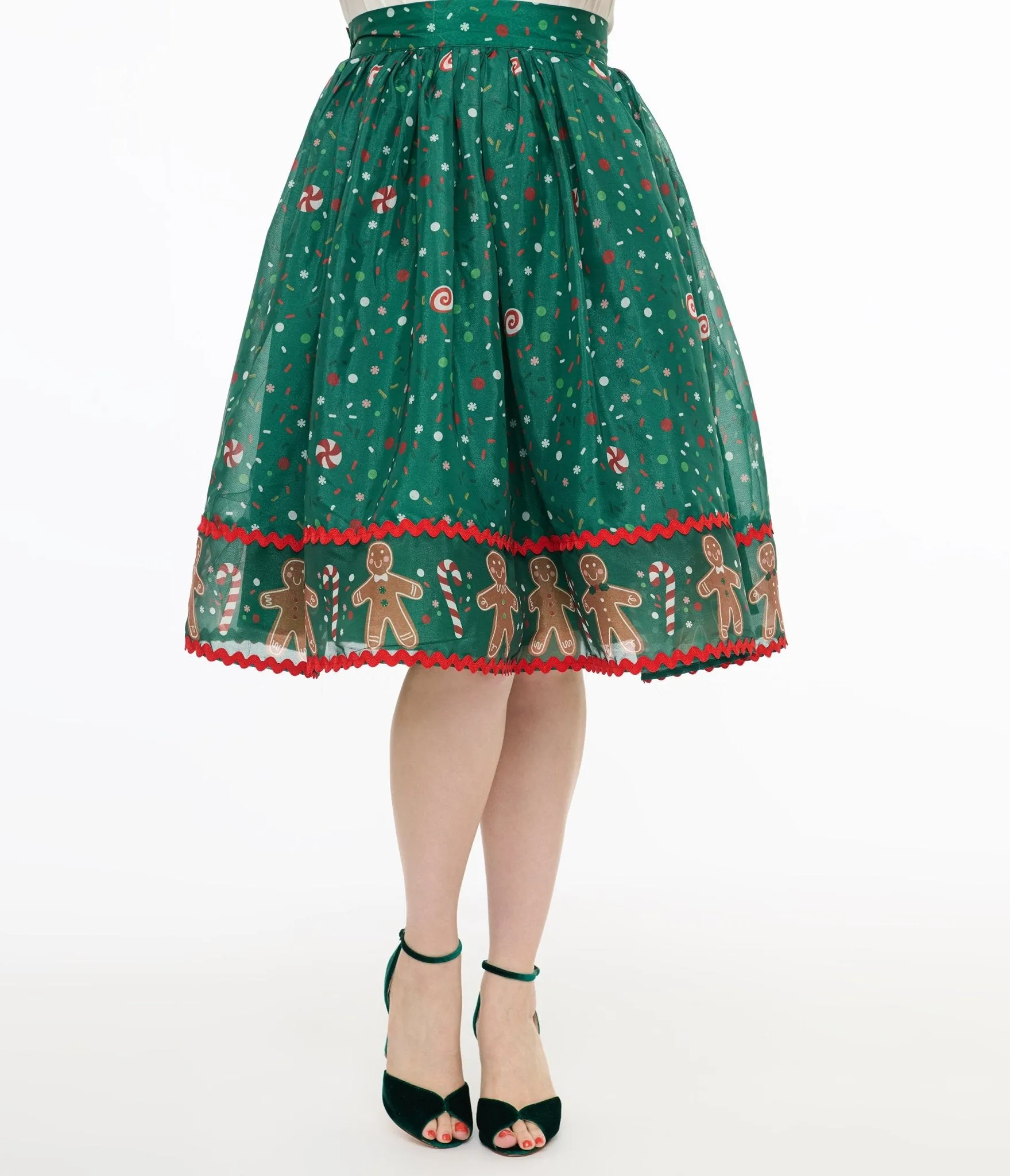 Unique Vintage 1950s Green Gingerbread Border Brilliance Swing Skirt