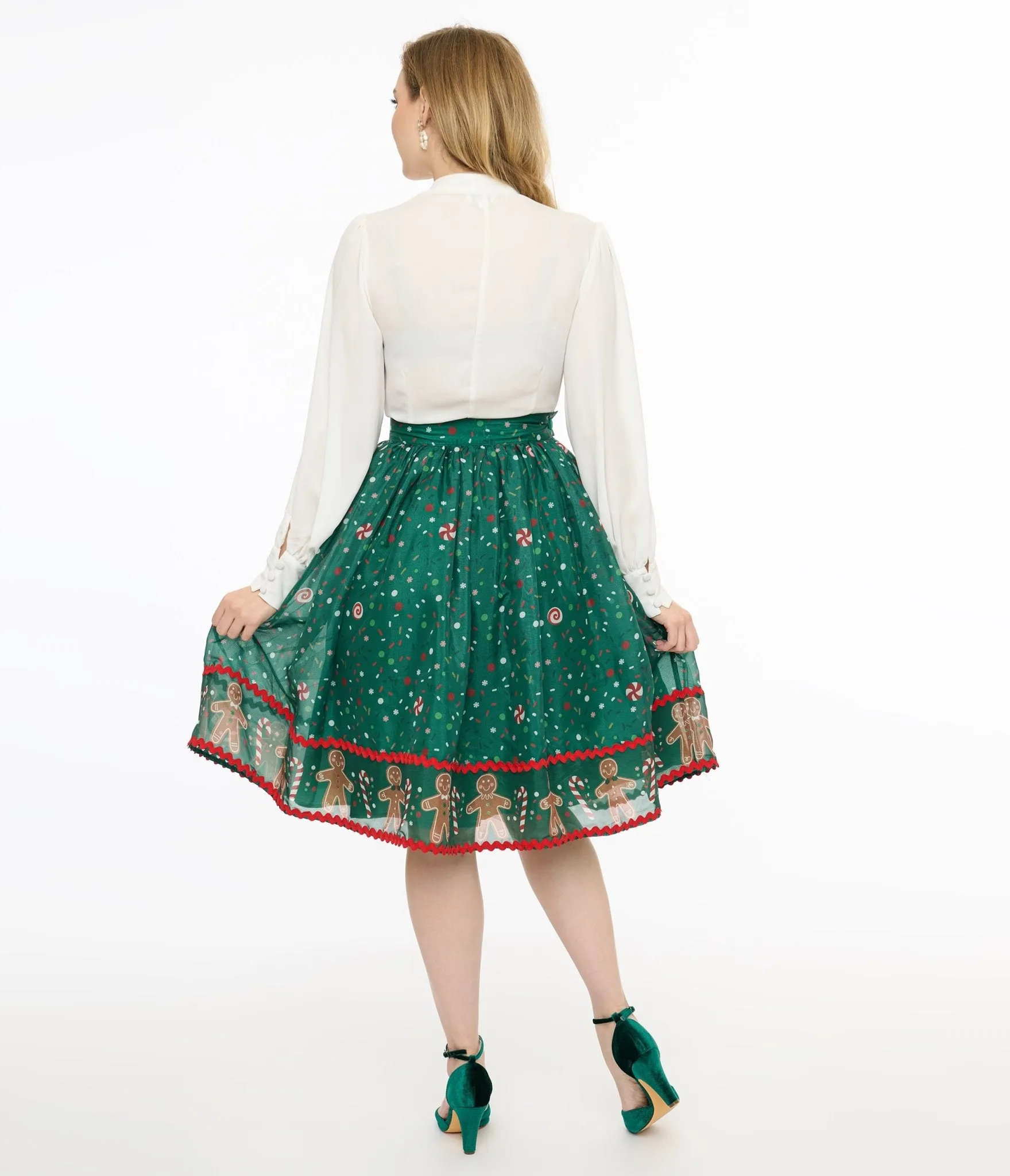 Unique Vintage 1950s Green Gingerbread Border Brilliance Swing Skirt