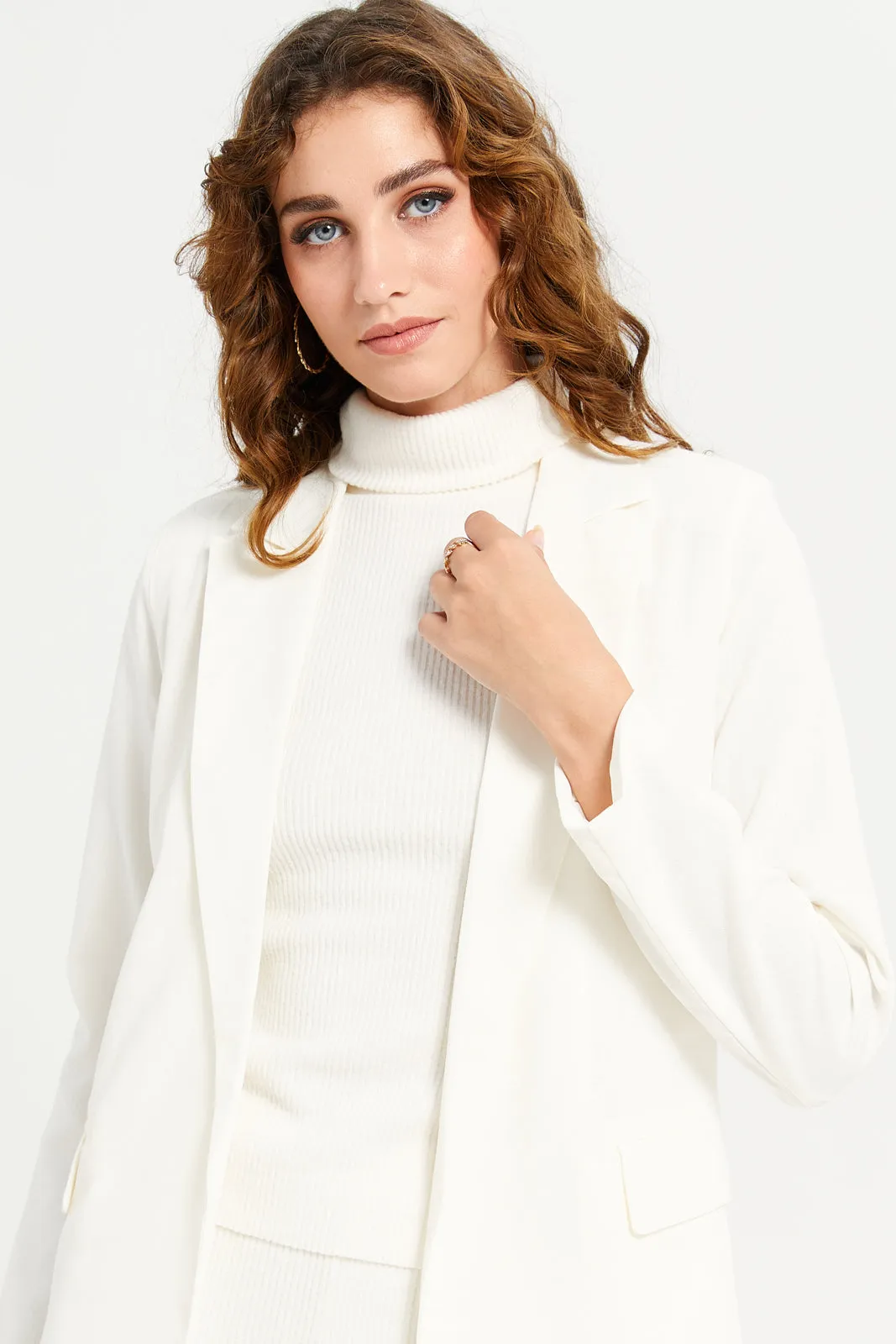 Women Cream Plain Linen Open Blazer